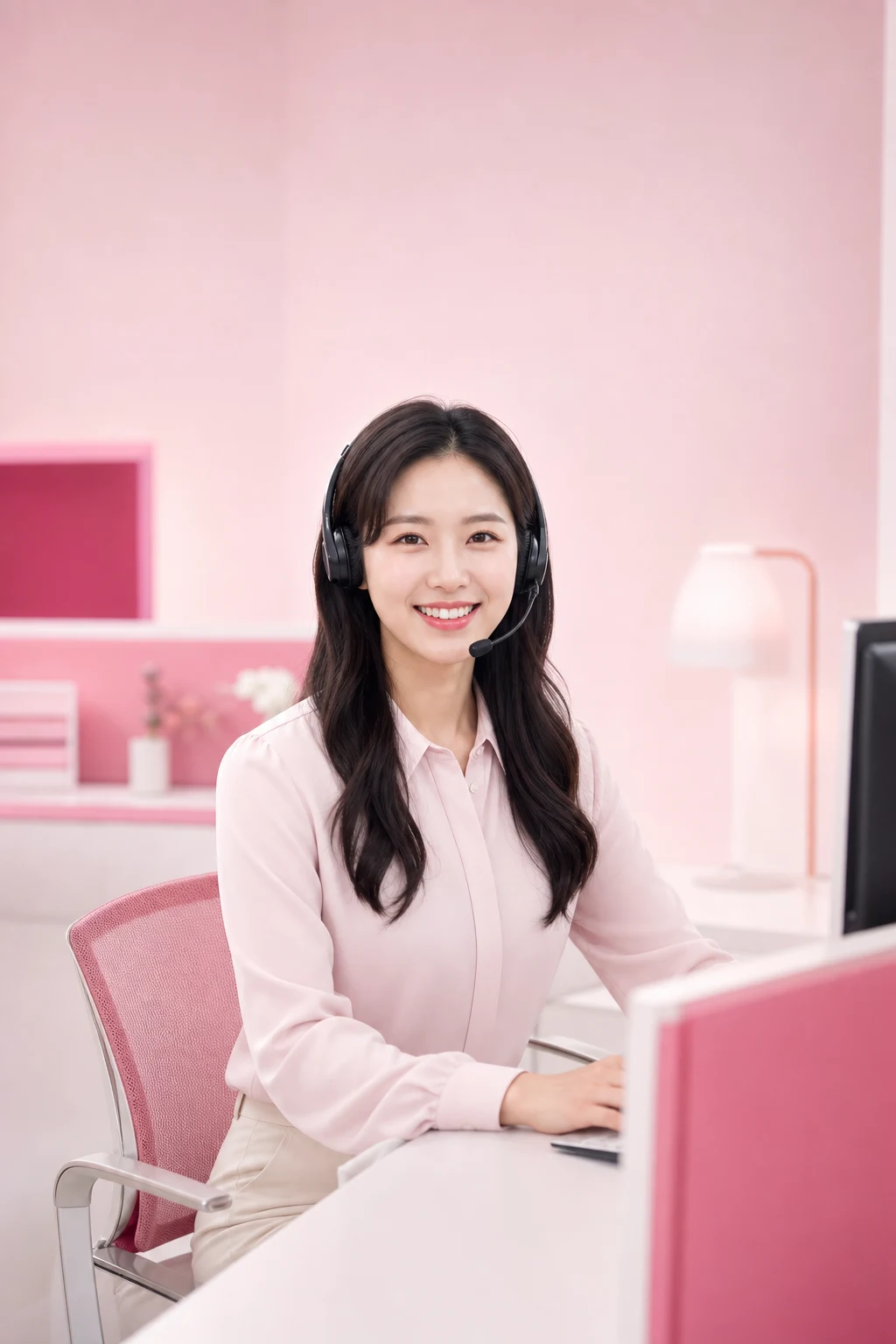 카드깡 후기 다음머니 24시간 전화 문자 상담을 안내하는 헤드셋 여성 상담원 인물